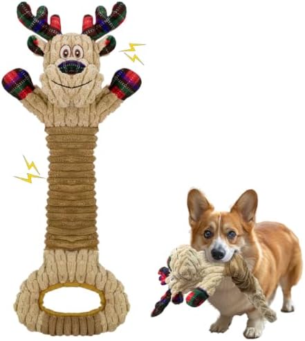 Christmas Squeaky Elk Dog Toys- Plush Tug of War Dog Toy for Large Breed- Interactive Dog Toys with Crinkle to Keep Them Busy- Training and Reduce Boredom