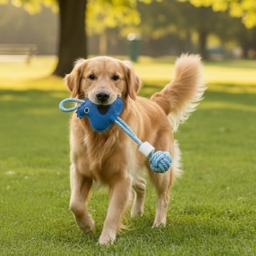 Squirrel Shape Dog Rope Toy with Natural Suede Leather, Interactive Tug and Chew Toy for Medium and Large Dogs, Knotted Cotton Rope for Teething, Fetch and Daily Indoor Play