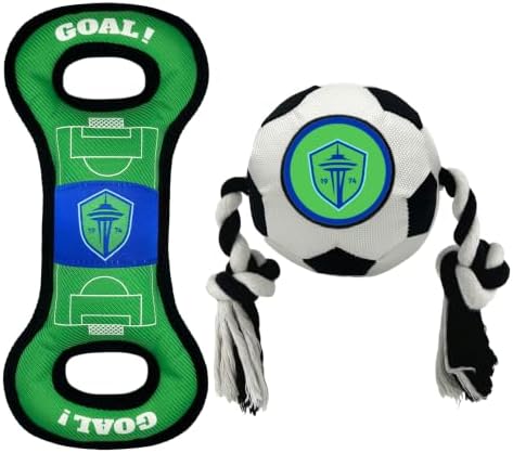 Pets First MLS Seattle Sounders FC Soccer Field Tug Toy & Soccer Ball Rope Toy Set for Dogs - Officially Licensed Interactive Squeaky Rope Fetch & Chew Toys with Team Logo
