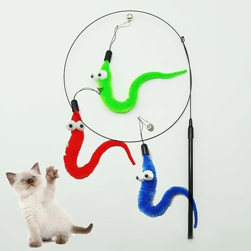 Cat Wand Toy with Fuzzy Worm Attachments, 1+3 Pack