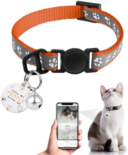 Breakaway Reflective Cat Collar with QR Name Tag & Bell (Orange)