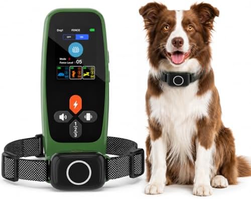 Fsitego Wireless Dog Fence System, 4‑in‑1 Electric Dog Fence with Training Collar, Remote Control & Status Monitor, Waterproof Receiver for Medium & Large Dogs, Outdoor Use