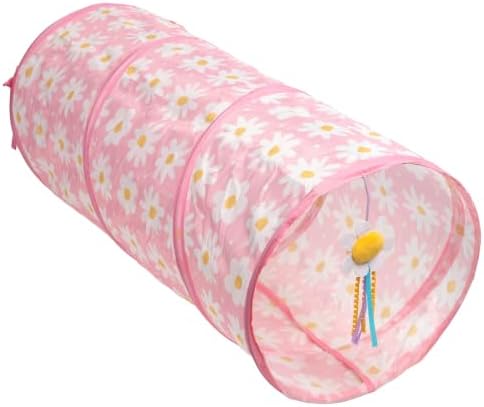 Catstages Tunnel Toy for Indoor Cats, Collapsible Hide & Play Tube with Plush Catnip Toy, Pink Daisy, 28”