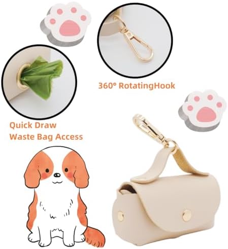 Leather Poop Bag Holder Dispenser for Leash, Portable and Reusable Dog Poop Bag Dispenser, Dog Bag Holder for Walking, Outdoor, Travelling (Beige)