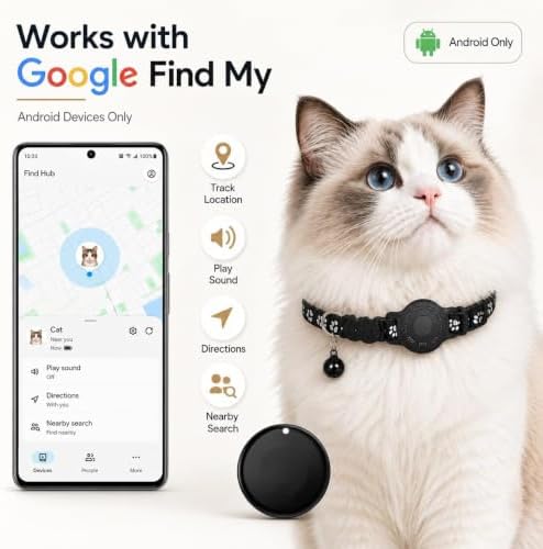 Smart Cat GPS Collar - Waterproof Pet Tracker for Android, Google Find My Compatible, No Monthly Fee. Advanced Safety Solution for Small & Large Cats.(Android Only)