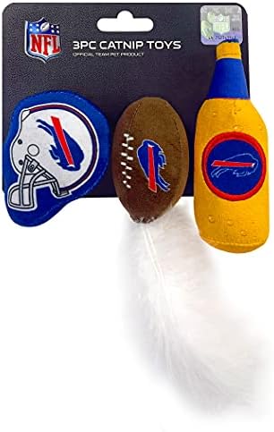 Best Plush CAT Toy - NFL Buffalo Bills Complete Set of 3 Piece Cat Toys Filled with Fresh Catnip. Includes: 1 Helmet Cat Toy, 1 Football Cat Toy with Feathers & 1 Beer Bottle. Beautiful Team Logos