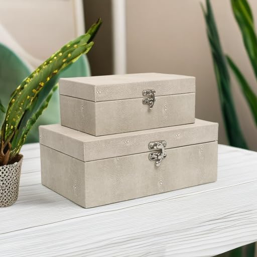 DECOR4SEASON Faux Shagreen Leather Decorative Storage Boxes Set of 2, Ivory | For Keeping Precious Keepsakes, Trinkets, Jewelry And Other Small Items Organized