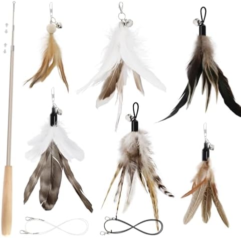 SONGWAY Interactive Cat Feather Toys - Cat Wand Toy Set with Retractable Teaser Wand and 6 PCS Natural Feather Refills, Da Bird Cat Toys for Indoor Cats Kittens