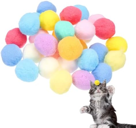 Cat Toy Pom Ball, Interactive Cat Ball Toys Fuzzy Pompoms (Plush, 1.2Inch, 30Pcs, Candy Colors) for Kittens Pet Enrichment Training Play Indoor