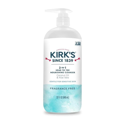 Kirk's 3-in-1 Head to Toe Nourishing Liquid Cleanser- for Men, Women & Children - Premium Coconut Oil & Aloe Vera- Non GMO & Vegan -Fragrance Free - 32 Fl Oz.