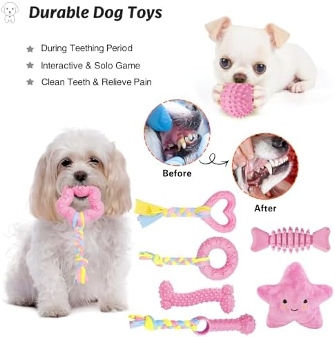 MRSOHRET Puppy Toys, 8 Pack Puppy Chew Toys for Teething, Cute Pink Small Dog Toys Set, Teething Toys for Puppies, Soft Durable Interactive Chew Toy for Small Dogs