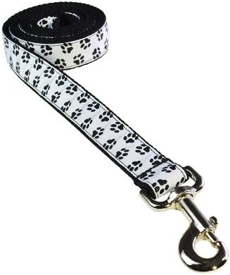 Large Black/Wht. Puppy Paws Dog Leash: 1" Wide, 6ft Length - Made in USA.