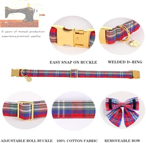DOGWONG Cotton Dog Collar with Bowtie, Stylish Christmas Red Plaid Dog Collar Adjustable Puppy Necklace for Small and Medium Dogs