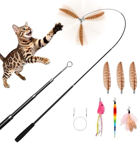 Potaroma Cat Wand Toy, Retractable Carbon Fiber Feather Teaser with Bells