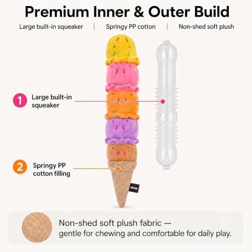 Squeaky Dog Plush Chew Toy, Interactive Tug Squeaky Toy for Chewers, Medium & Large Dogs & Fetch Play, 17.7 in Stuffed Rainbow Ice Cream Toy with Soft Short Plush for Gentle Gum Care & Boredom Relief