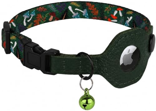 Breakaway Cat Collar with Leather AirTag Holder & Bell - Apple Air Tag Cat Collars for Girls & Boys, Lightweight Anti-Lost GPS Tracker Design, Printed Pattern - Safety and Adjustable (Mushroom)