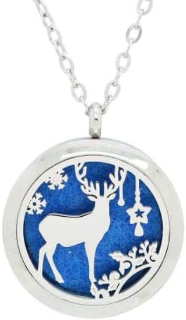 Aromatherapy Essential Oil Diffuser Stainless Steel Silver Magnetic Locket Pendant 2 Sizes Chain Necklace, Refill Pads & Diffuser Bracelet in a Velvet Bag (Winter elk with Ornaments)
