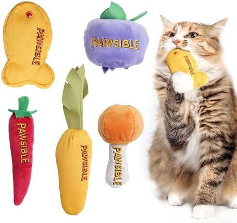 Pawsible 5 Pack Catnip Toys for Indoor Cats - 100% Organic Catnip Filled, No Cotton, Durable Teething Kicker Toys for Kittens, Food-Shaped Plush Chew Toys