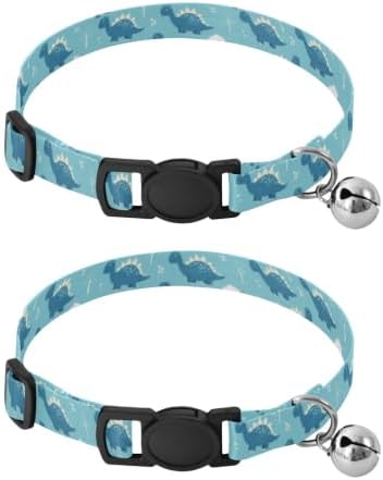 2 Pack Dog Collar Cute Blue Cartoon Dinosaurs Cat Collar with Bell, Adjustable 10.6 to 17.1 Inches