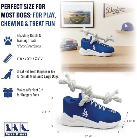 MLB Los Angeles Dodgers Cleat Sneaker Spike Dog Toy, Baseball Treat Dispenser Chew Toy for Dogs, Interactive Rope Tug Toy, Slow Feeder Natural Rubber Dog Toy with Official Team Logo