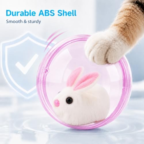 Self Rolling Interactive Cat Ball, Automatic Moving Cat Toy with Plush Animal Inside, 360° Rolling Cat Chasing Ball with Transparent Ball for Cats Dogs Small Pets (Pink,Rabbit)