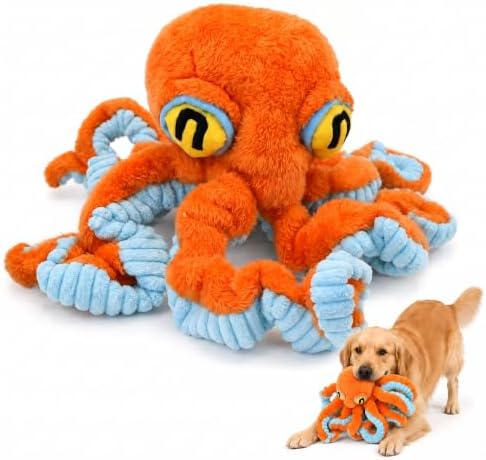 Squeaky Dog Plush Chew Toy, Interactive Tug Squeaky Toy for Chewers, Medium & Large Dogs & Fetch Play, 19.7 Inch Stuffed Octopus Toy with Flexible Spring Tentacles for Gentle Gum Care & Boredom Relief