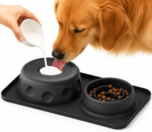 2-in-1 Slow Feeder Dog Bowl with Licking Rolling Ball, Leak-Proof One-Piece Dog Lick Bowl for Kibble and Liquid Treats, Anti-Choking Oval Ball Enrichment Toy for Boredom Anxiety Relief