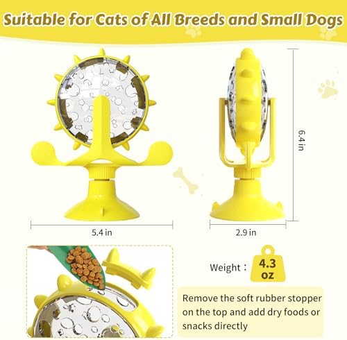 Cat Food Treat Dispenser Toy Interactive with 360°Rotating Windmill Suction Cup for Indoor Cats, Kittens & Small Dogs Slow Feeder Snack Exercise & Distribution Wheel Toy