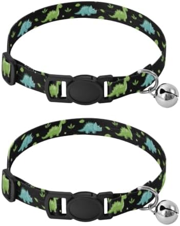 2 Pack Kitten Collar Cartoon Dinosaurs Leaf Dot Black Kitten Collar with Bell, Adjustable Length 10.6" to 17.1"