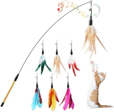 Pawaboo Cat Feather Wand Interactive Toy, 6 Feathers + 1 Wand with Bell