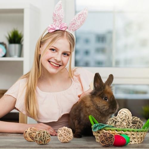 17 Pcs Bunny Chew Grass Balls, Hangable Natural Handmade Enrichment Toys for Teeth Grinding, Enrichment Treats for Rodents Rabbits Guinea Pigs Chinchillas Hamsters Mice, Rolling Chew Toys (2.4")