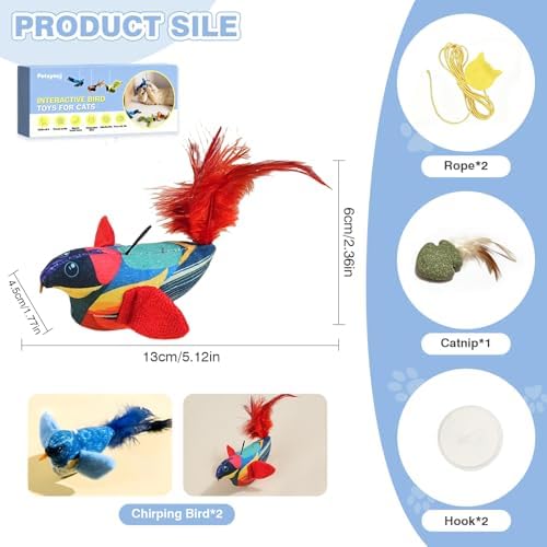 2-Pack Realistic Chirping Bird cat Toy - Soft Interactive Plush Bird Toy Infused with Catnip，Cat Enrichment Toys for Indoor Cats（Physical Sound, RedBlue）