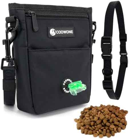 Dog Treat Pouch Pet Training Cross Body Bag, Magnetic Closure Dog Walking Fanny Pack Built-in Poop Bag Dispenser, Adjustable Shoulder Strap (Dog Leash) and Waist Belt (Dog Collar)