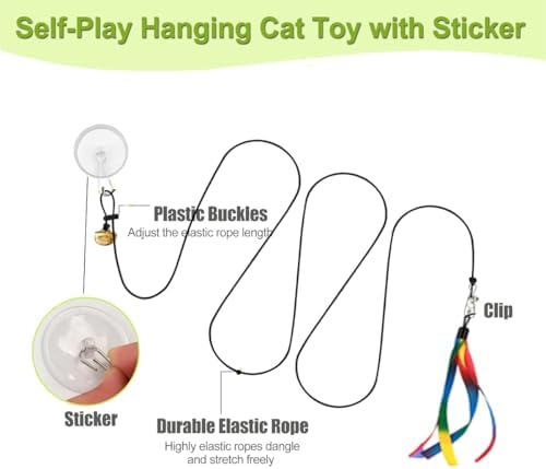 Door Hanging Cat Toys with Suction Cups, Interactive Hanging Feather & Plush Cat Toy with Bell, Assorted Replaceable Refills for Indoor Kitten Hunting Exercise (Ribbon Set (10Pcs))