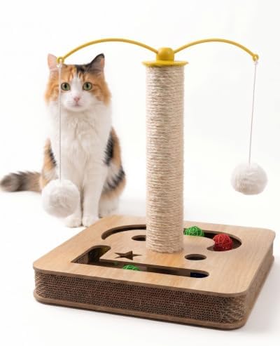 3-in-1 Interactive Cat Toy & Scratching Post - Durable Sisal Cat Scratcher with Corrugated Cardboard Base, Track Balls & Teaser Wands - Indoor Kitten Exercise Toys for Furniture Protection