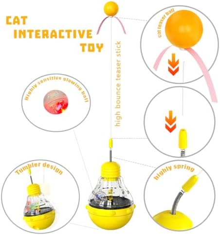 Cat Interactive Toy, Slow Food Dispenser Feeder, Tumbler Design with Teaser Wand & Glowing Ball, Funny Kitten Treats for Indoor Cats Exercise and Boredom Relief (Yellow)