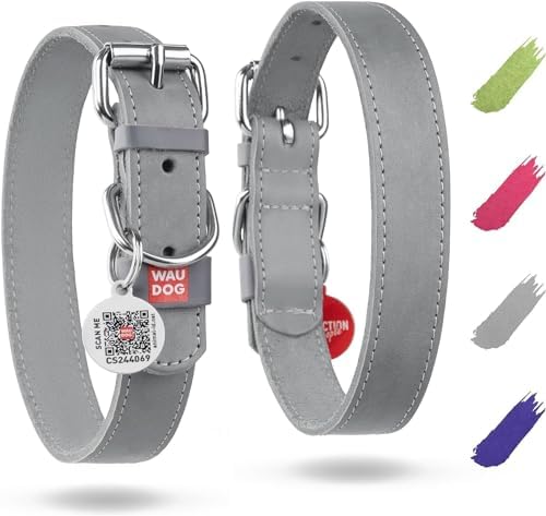 WAUDOG Long Lasting Leather Dog Collar for Large Dogs, Medium & Small Dogs - Adjustable Classic Puppy Collars for Large Breed Dogs - Boy & Girl Dog Collars with Durable Buckle, D-Ring & QR Dog Tag
