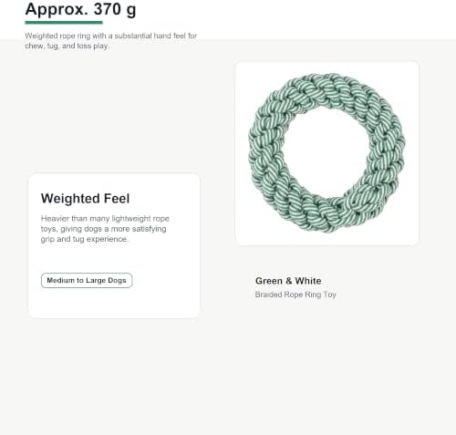 Heavy Dog Rope Ring Toy, Braided Chew Toy for Medium Dogs, Tug of War Rope Toy for Teething, Fetch, Tossing and Interactive Play, Green and White, Approx. 8 in