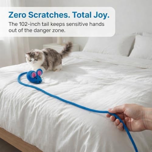 Glaciart One Felt Mouse Cat Toy – Soft Fuzzy Enrichment 100% Natural Wool - Interactive Catnip Play Cat Toy Set - Safe for Pets, Non-AZO Colored Dyes - 100” Long