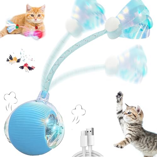 Speedy 2.0 Tail Interactive Cat Toys for Indoor Cats, Automatic Cat Toy with Elastic Mesh Tail, Electric Rolling Ball on Carpet, Chirping and Motion Activate Cat