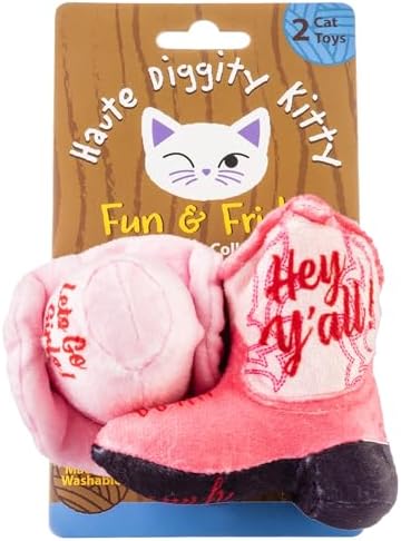 Haute Diggity Kitty Cowgirl Hat + Boot Set, Soft Plush Cat Toys