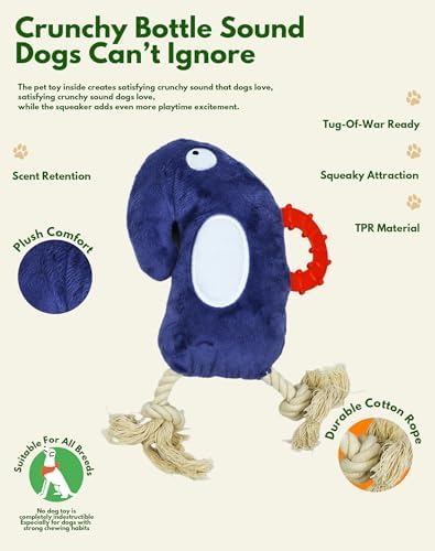 Deeow Tether Squeaky Plush Dog Tug Chew Toy for Enrichment/Interactive