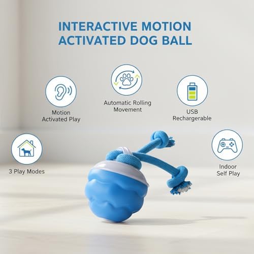 Interactive Dog Toys, Motion Activated Rolling Dog Ball Toy, Automatic Moving Dogs Toy for Boredom Stimulating, Self Play Ball for Small Medium Dogs Indoor, USB Rechargeable (Blue)