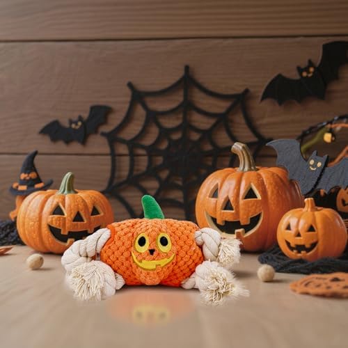 Halloween Dog Toys,Halloween Pumpkin Plush Dog Squeaky Toys with Cotton Rope for Small Medium Dogs