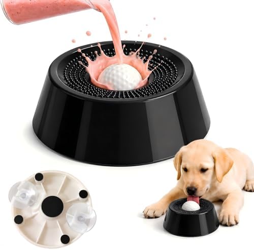 Dog Lick Ball Slow Feeder, Rolling Sphere Interactive Pet Toy with Suction Cups, Calming Slow Feeding Bowl for Liquid Treats & Peanut Butter, Anxiety Relief Licking Toy for Dogs & Cats（Black