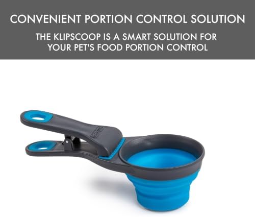 Dexas Popware for Pets Collapsible Klip Scoop, 3-in-1 Pet Food Scoop, Measuring Cup and Bag Clip, 1/2 Cup Capacity, Pro Blue