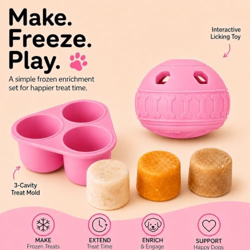 Frozen Treat Dog Toy Set with Freezer Tray, Interactive Rubber Chew Toy, Treat Ball Holder for Licking & Chewing, Dog Enrichment Toy to Keep Dogs Busy (Pink)