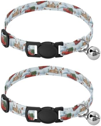 2 Pack Puppy Collar Vintage Red Trucks Christmas Trees Cat Collar with Bell, Adjustable 10.6 to 17.1 Inches