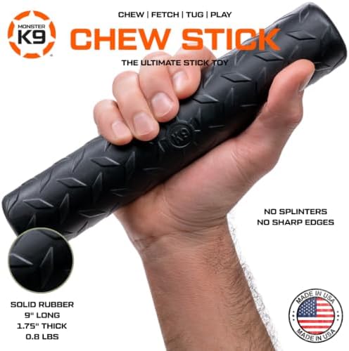 Monster K9 Chew Stick | Virtually Indestructible. Lifetime Guaranteed. | USA Made | VULCRON™ Natural Rubber | Durable, Heavy Duty Tug & Fetch Dog Toy for Aggressive Chewers | Med/Large Breeds, 9x1.75”