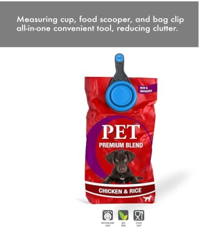 Dexas Popware for Pets Collapsible Klip Scoop, 3-in-1 Pet Food Scoop, Measuring Cup and Bag Clip, 1 Cup Capacity, Pro Blue